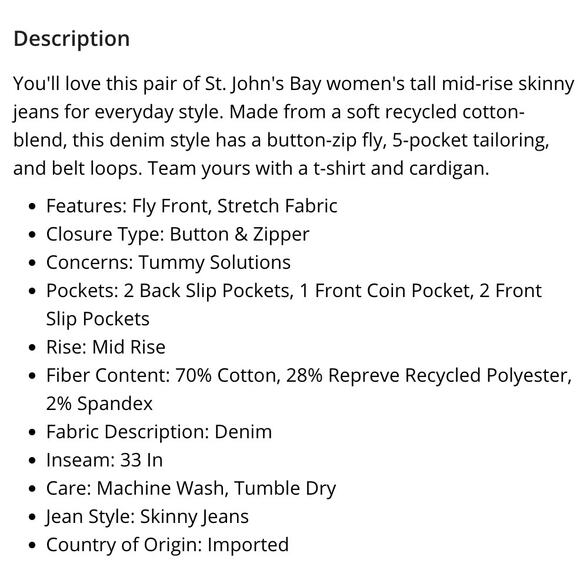 St. John's Bay - Tall Secretly Slender Stretch Fabric Mid Rise Skinny Fit Jeans - Picture 5 of 5